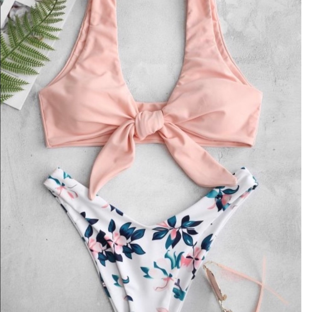 Zaful Plant Print Front Tie Bikini